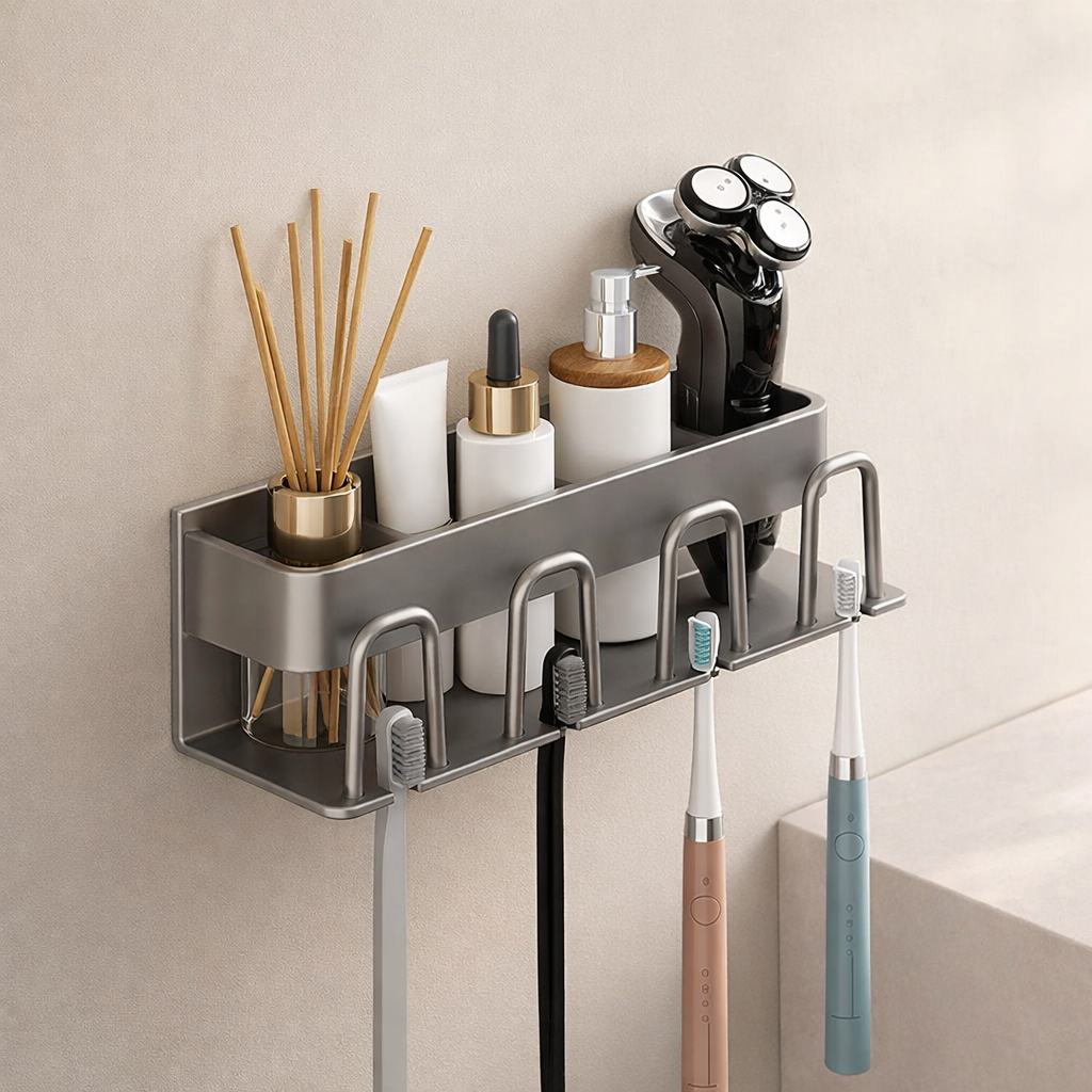 Bathroom wall-mounted organizer with toiletries and grooming tools on a neutral background