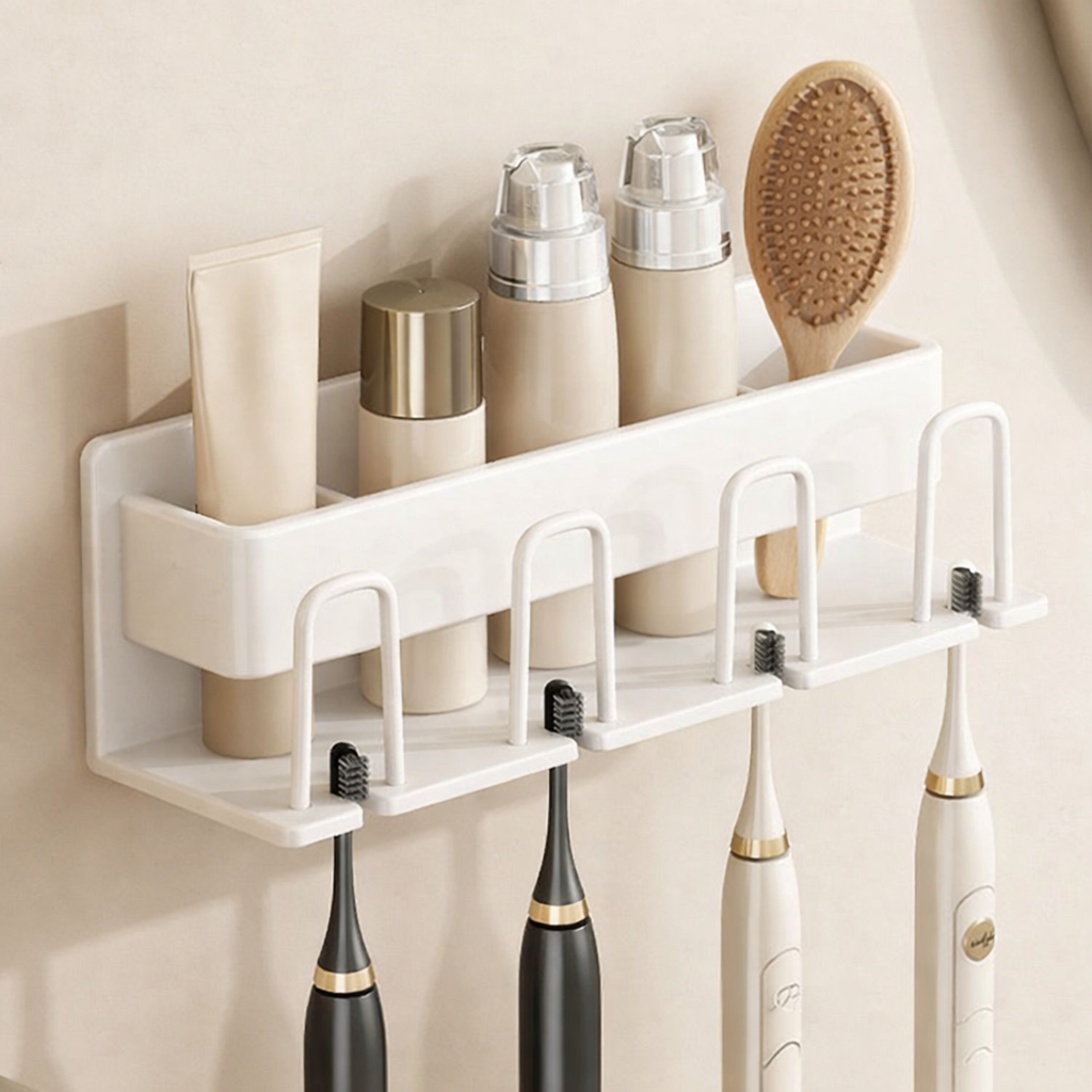 Wall-mounted bathroom organizer with toiletries and electric toothbrushes on a neutral background