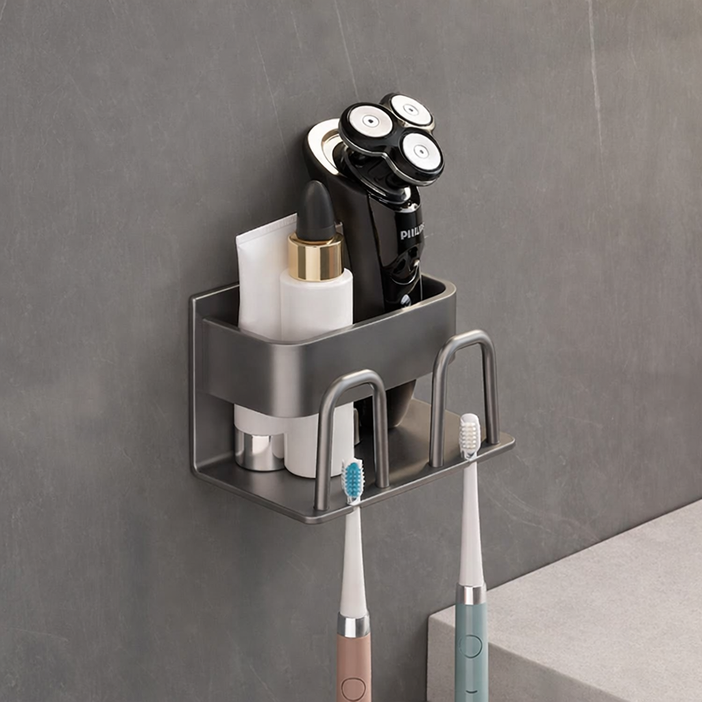 Wall-mounted bathroom caddy holding toiletries against a gray wall.