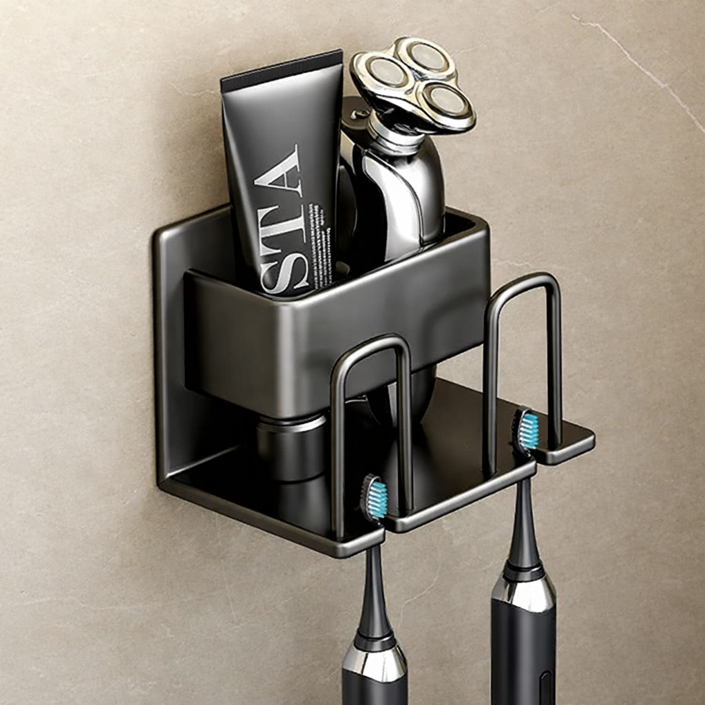 Wall-mounted bathroom organizer with shaving products and toothbrushes on a beige wall.
