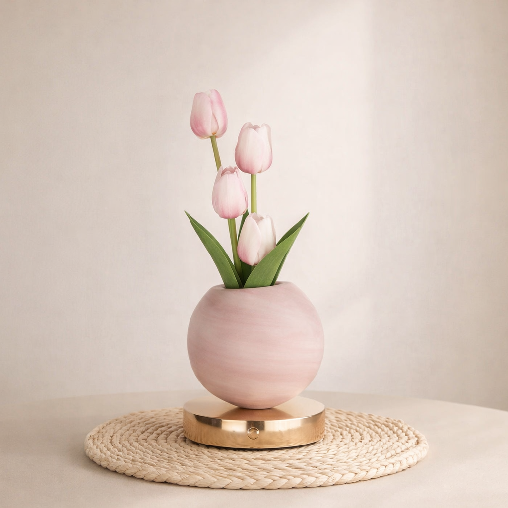 Pink ceramic vase with tulips on a woven mat against a beige background
