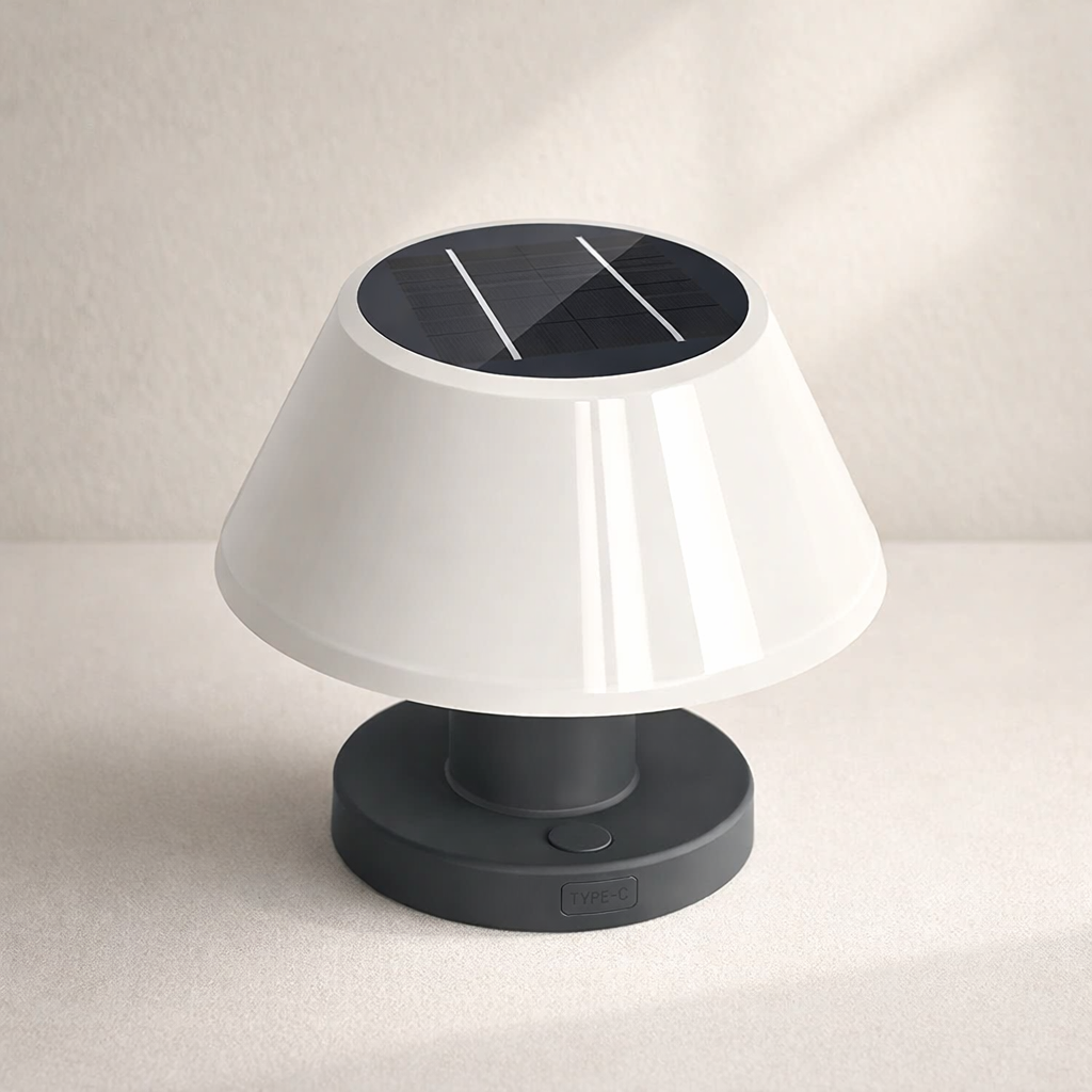 Solar-powered outdoor lamp with white shade and black base on a neutral background