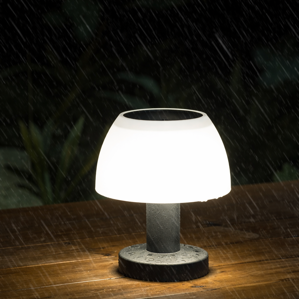 White outdoor lamp on a wooden surface with rain falling in the background