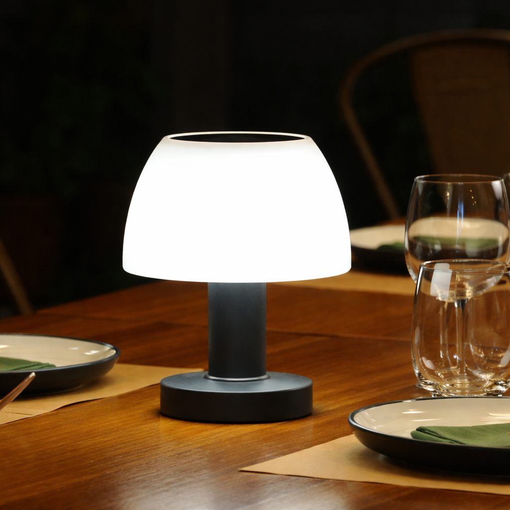 Table lamp on a wooden table with dining setup in the background