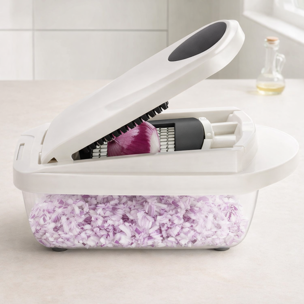 White cosmetic case with purple contents on a light surface