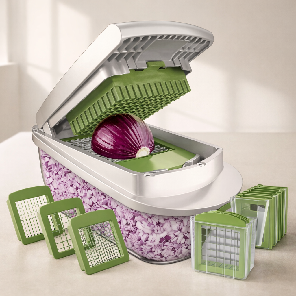 Vegetable chopper with an onion inside, surrounded by detachable blades on a light background