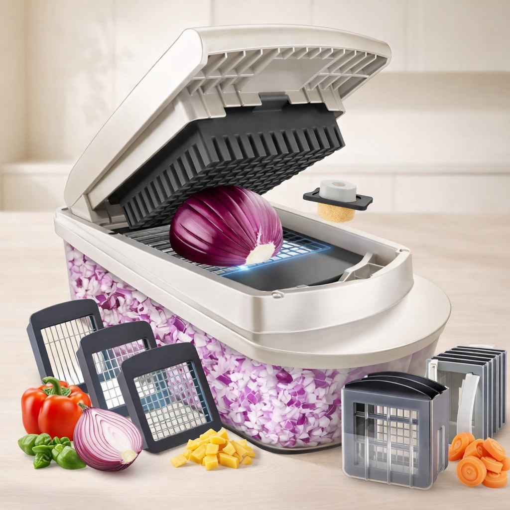 Multifunctional kitchen tool with interchangeable blades on a neutral background