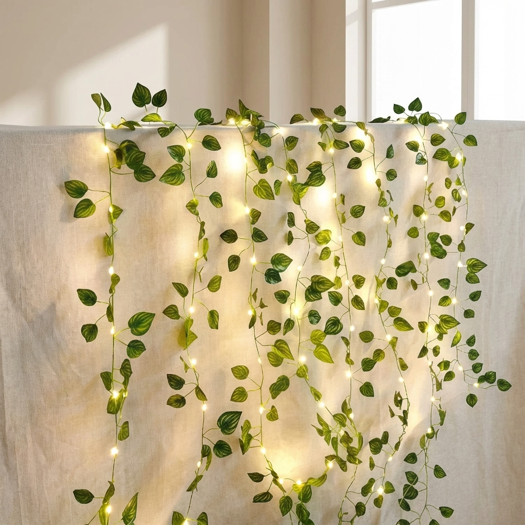 Artificial green vine with LED lights draped over a white curtain
