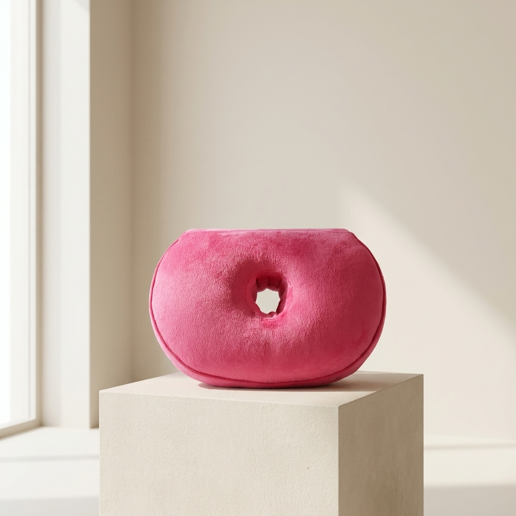 Pink donut-shaped pillow on a white pedestal against a neutral wall.