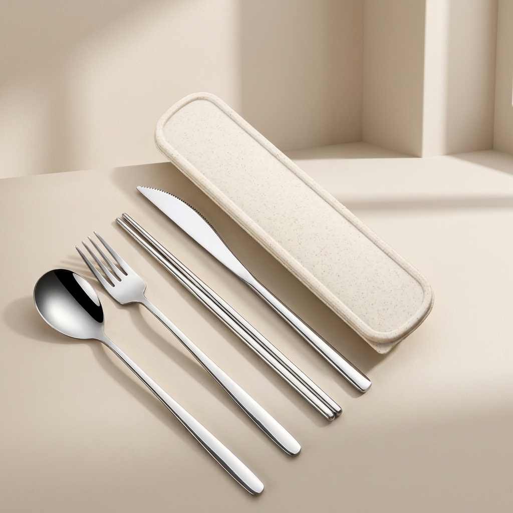 Stainless steel cutlery set with case on a beige background