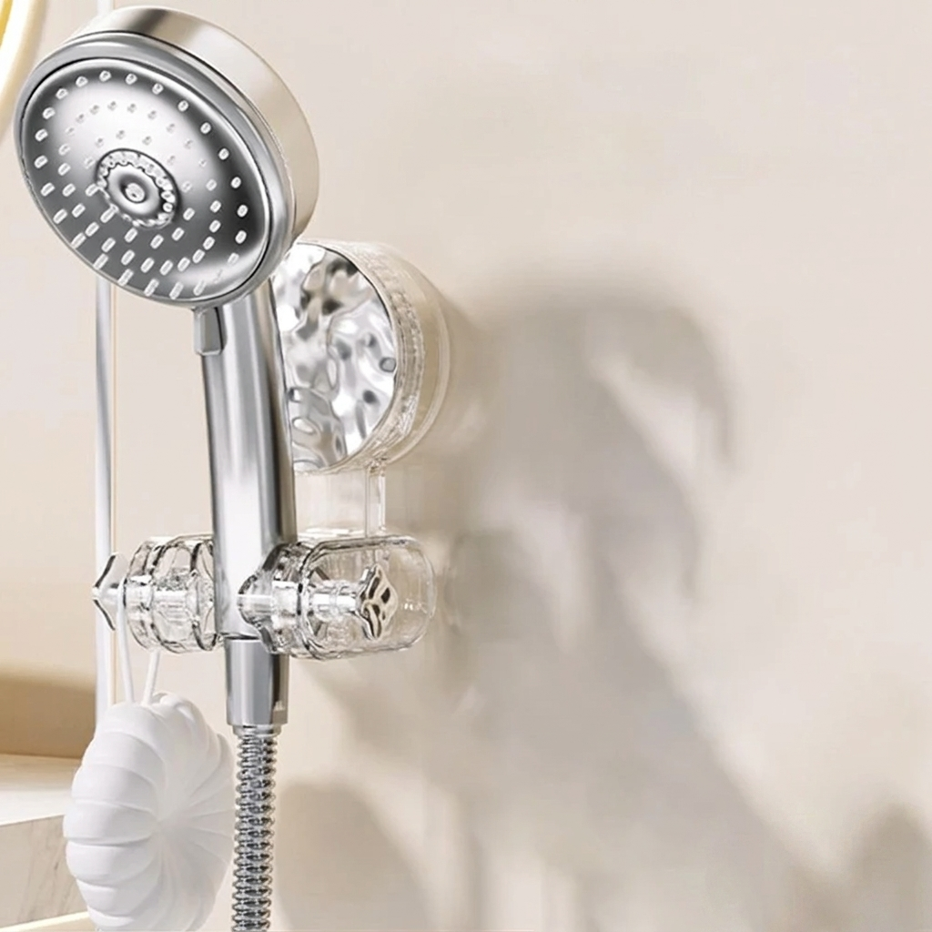 Chrome shower head with flexible hose against a neutral wall