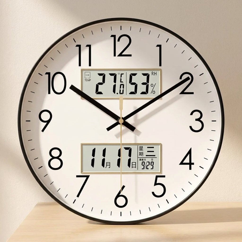 Round wall clock with digital temperature and humidity display on a neutral background
