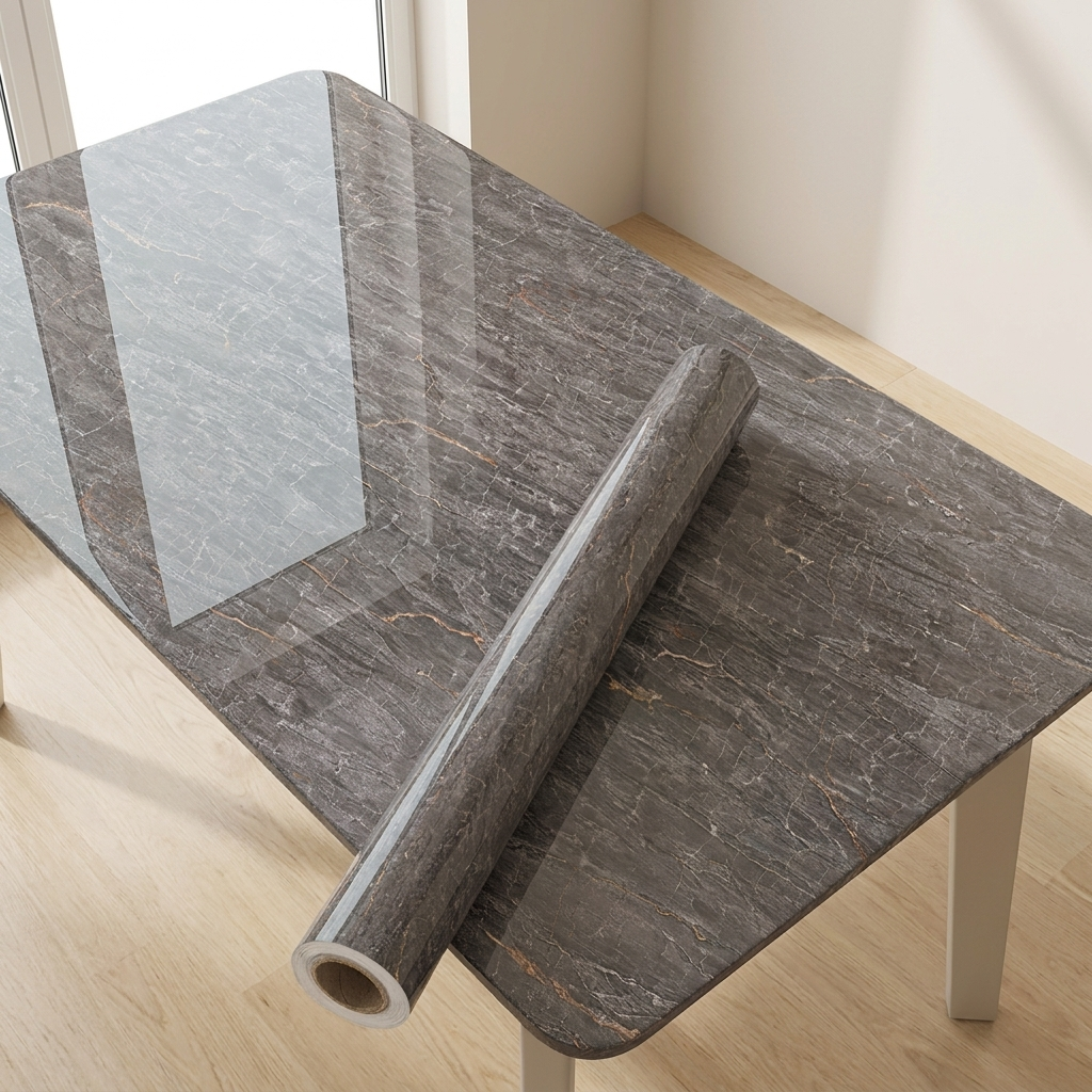 Roll of gray marble-patterned vinyl sheet on a wooden surface