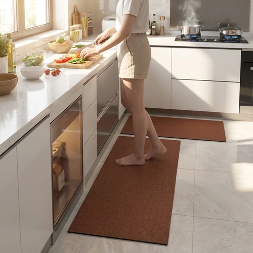 Person preparing food in a modern kitchen with brown mats on the floor.
