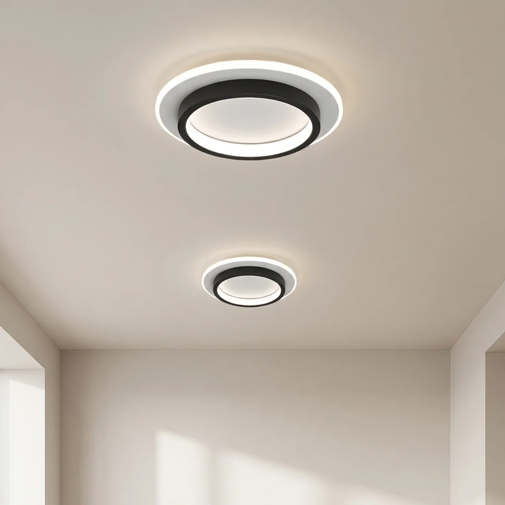 Two modern ceiling lights on a neutral ceiling